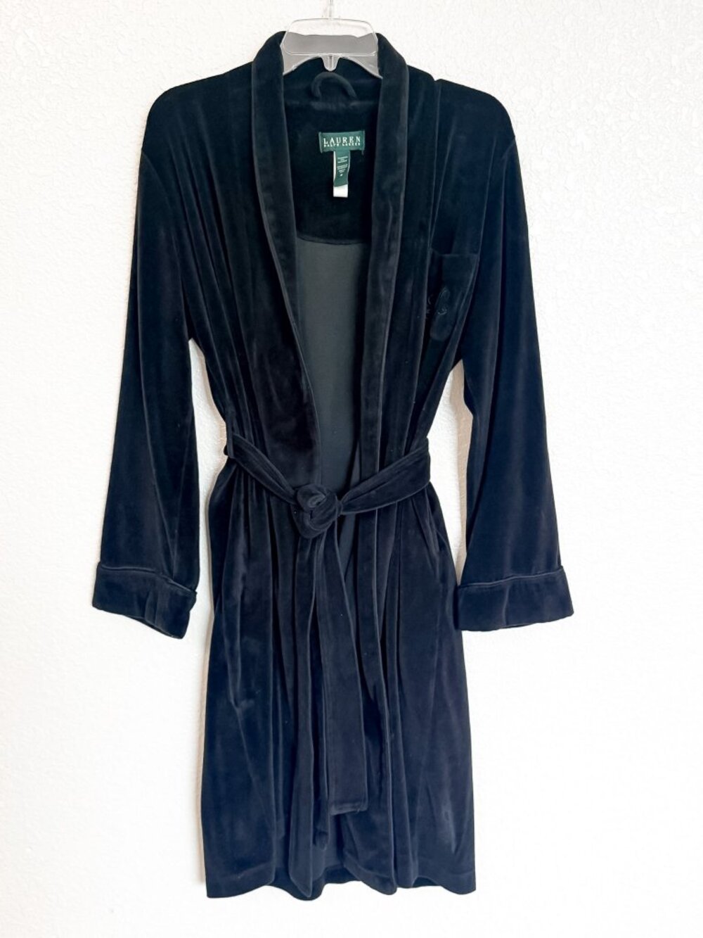 Lauren Ralph Lauren Embroidered Monogram Fleece Robe Women's Medium Black Belted